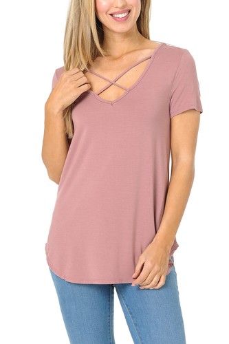 Auliné Collection Womens Casual Criss Cross V-Neck Short Sleeve T-Shirt Tee Top - Afbeelding 41 van 88