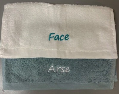 TOWELS ARE US OPULENCE Novelty Towel Gift Set Arse Face Fanny Balls His Hers Nan Mrs Mr Gran