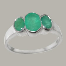 Solid 925 Sterling Silver Natural Emerald Womens Trilogy Ring - Sizes 4 to 12