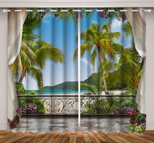 Blue Coastal Green Palm Tree 3D 2 Panels Window Curtains Blockout Drapes Fabric