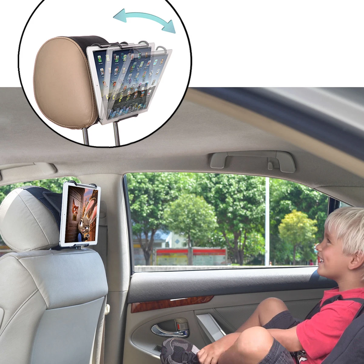 Universal Car Headrest Mount Holder with Angle- Adjustable Holding Clamp - 12.9"