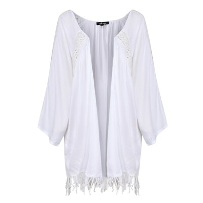 Weißer Fransen Kimono Häkel Spitzeneinsatz Strand Cover Up Top Akasa neu mit Etikett Größe 22
