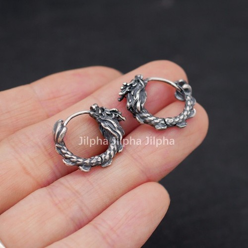 925 Sterling Silver Oriental Dragon Huggie Hoop Earrings Men Women A4622 - Picture 2 of 9