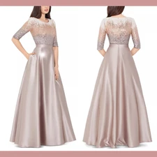 NEW $330 Betsy & Adam [ 12 ] Embellished A-line Satin Gown Mocha #Q974