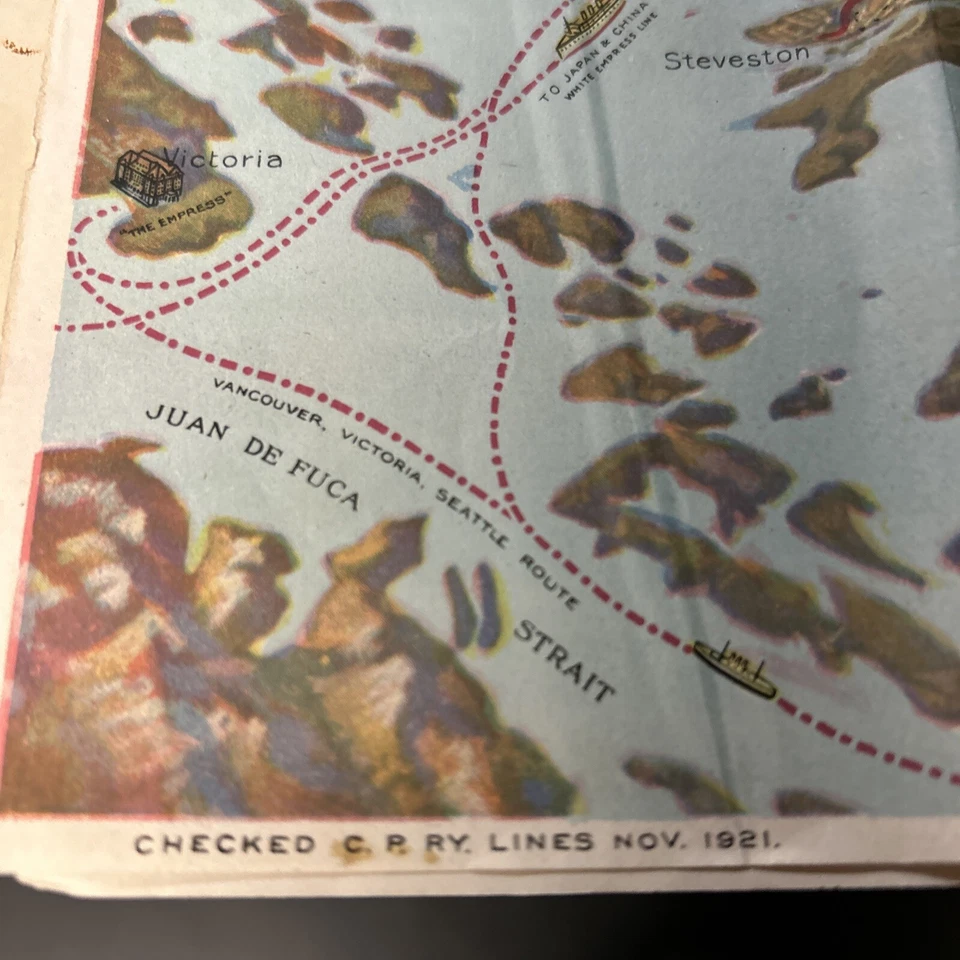 Mapa histórico 1921 Canadian Pacific Railway Steamboat Connection Foto 2 de 4