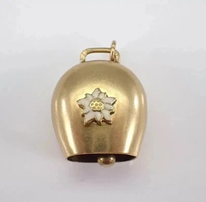 Authentic Vintage Cow Bell Charm Enamel Flower Pendant 14K Yellow Gold Plated Free Chain