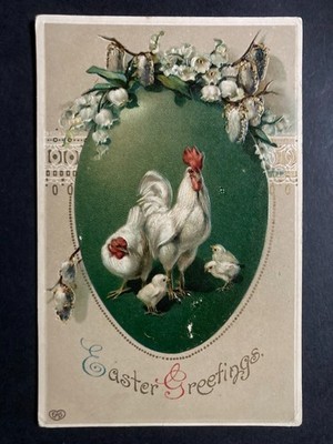 Hühner & Küken Ostergrüße Vintage geprägte Postkarte N18