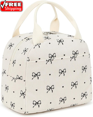 Cute Bow Tie Lunch Bag for Girls, Ivory Corduroy Insulated Lunch Bag for Two-Mea