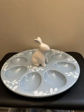 Magenta Bunny Rabbit Deviled Egg Serving Platter Floral Blue Ceramic