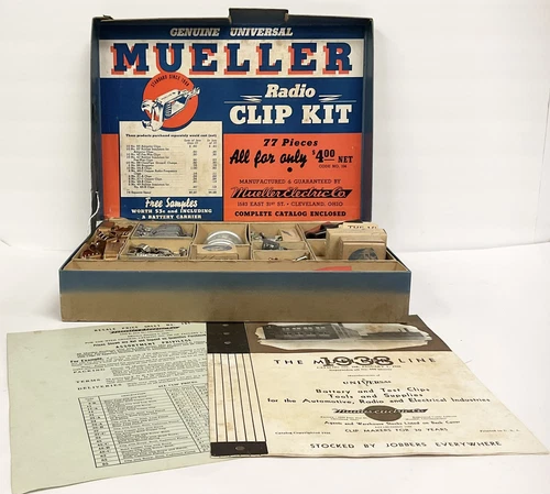 RARE VTG Mueller Electric Radio Clip Kit #140 - unused clips, catalog, orig box