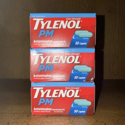 Tylenol PM Extra Strength 3 Bottles/50 Caps ea Nighttime Pain Reliever/Sleep Aid