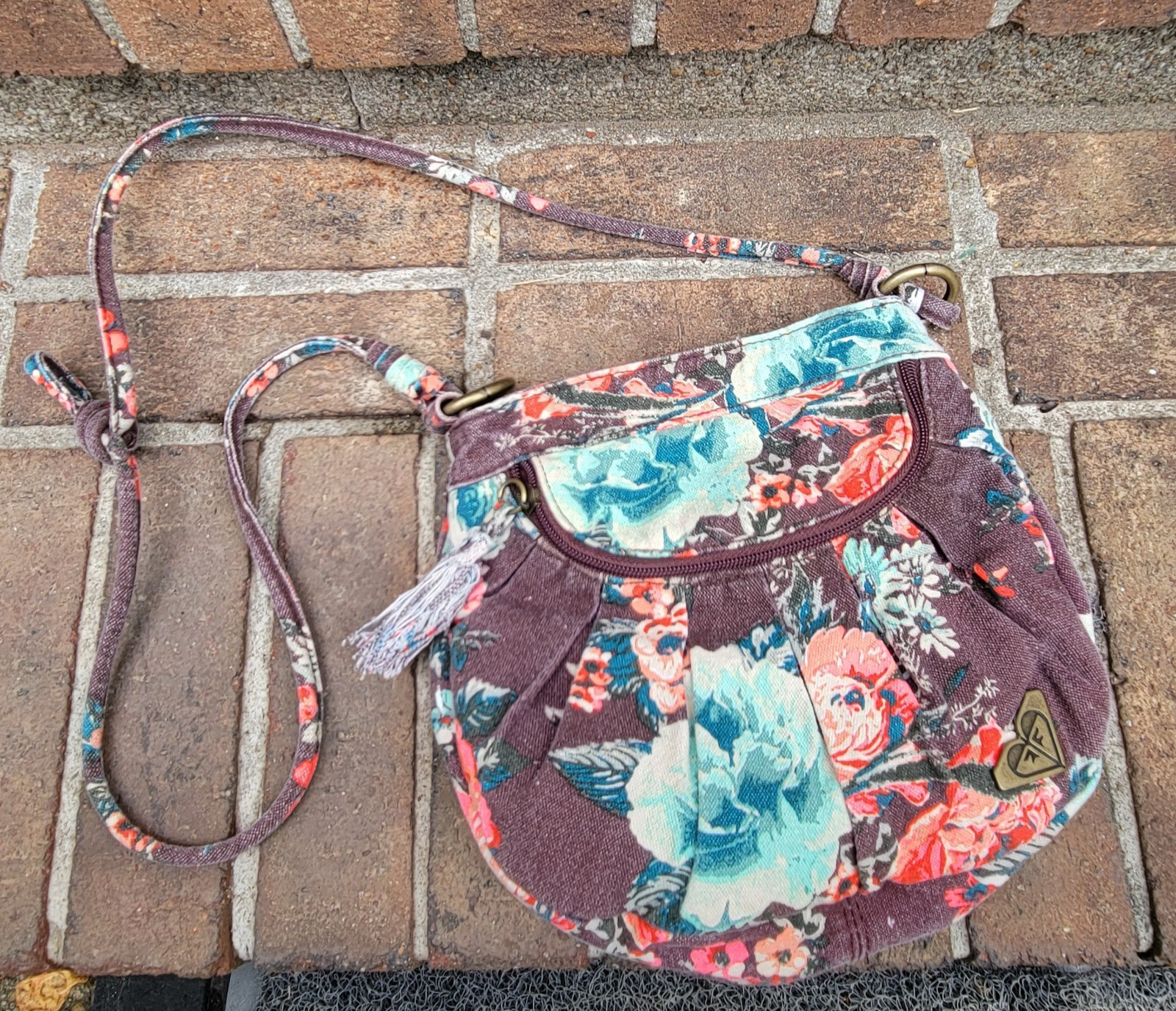 Roxy Brown Floral Crossbody Purse Beach Summer Boho Surf Festival Vacation