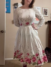Vtg Romantic Dress Long Sleeve Tea Length Pink Rose Print Dress