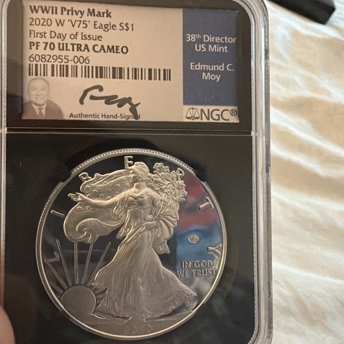 2020-W American Proof Silver Eagle V75 WWII Privy Mark NGC PF70 UCAM Moy Sign