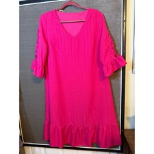 SHEIN Hot Pink Lace Crochet Sleeve Ruffle Hem V-Neck Shift Dress XL 12