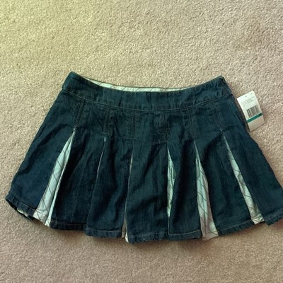 NWT DKNY PLEATED SKORT, GIRLS 16, LOGO ON BACK, DENIM LOOK/ STRIPED PANELS, ZIP