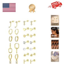 12Pairs Hypoallergenic Flat Back Earrings for Women - 14K Gold Plated Stainle...