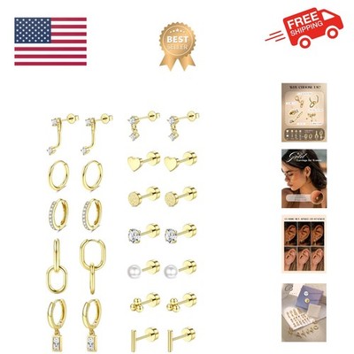 12Pairs Hypoallergenic Flat Back Earrings for Women - 14K Gold Plated Stainle...