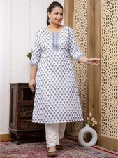 Indian Women White Cotton Ethnic Motifs Printed Kurta Kurti New Dress S To 7-XL