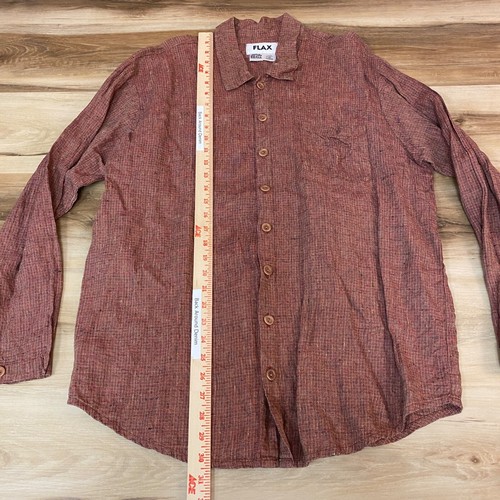 FLAX Shirt Mens Small Relaxed 100% Linen Button Up Rust Orange Long Sleeve - Picture 4 of 8