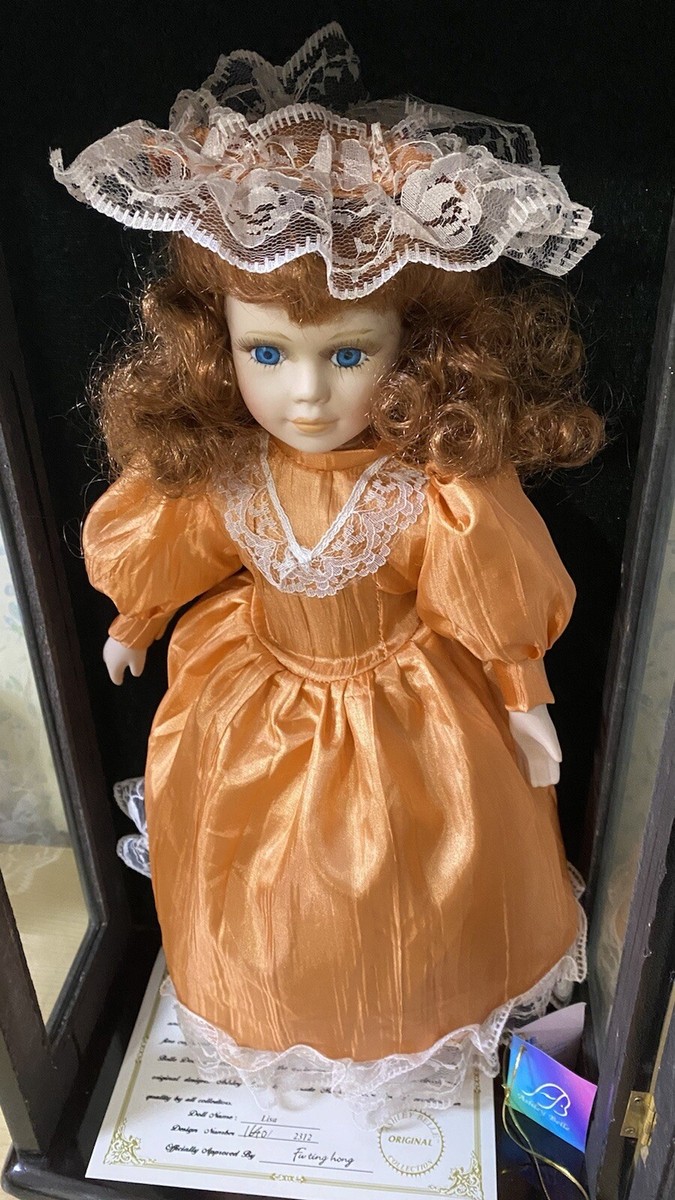 New Porcelain Doll Lisa Ashley Bells Collection Dark Wooden Glass