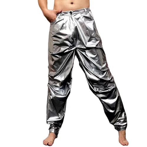 Herren Metallic Kunstleder PU Hose Tapered Hose Shinny Tanz Schausteller Kostüm - Bild 9 von 38