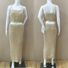 NWT Freshman 1996 Tan Pointelle Crochet Knit 2pc Set Crop Top  Maxi Skirt L