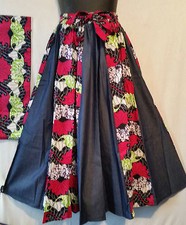 Women Ankara Denim Maxi Skirt w/ African Wax Fabric 2 Pocket Belt One Size P 02