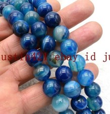 Beautiful 12mm Natural Blue Stripe Agate Onyx Round Gemstone Loose Beads 15" AAA