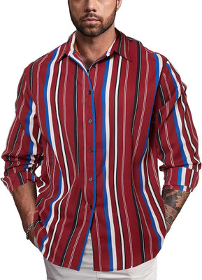 SPIEZ Herren Hemd Langarm Lose Fit Gestreift Langarmhemd Freizeit Casual Knopf U