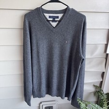 Tommy Hilfiger 100 Cashmere Mens V-neck Sweater Size L Grey Peppy Career Office