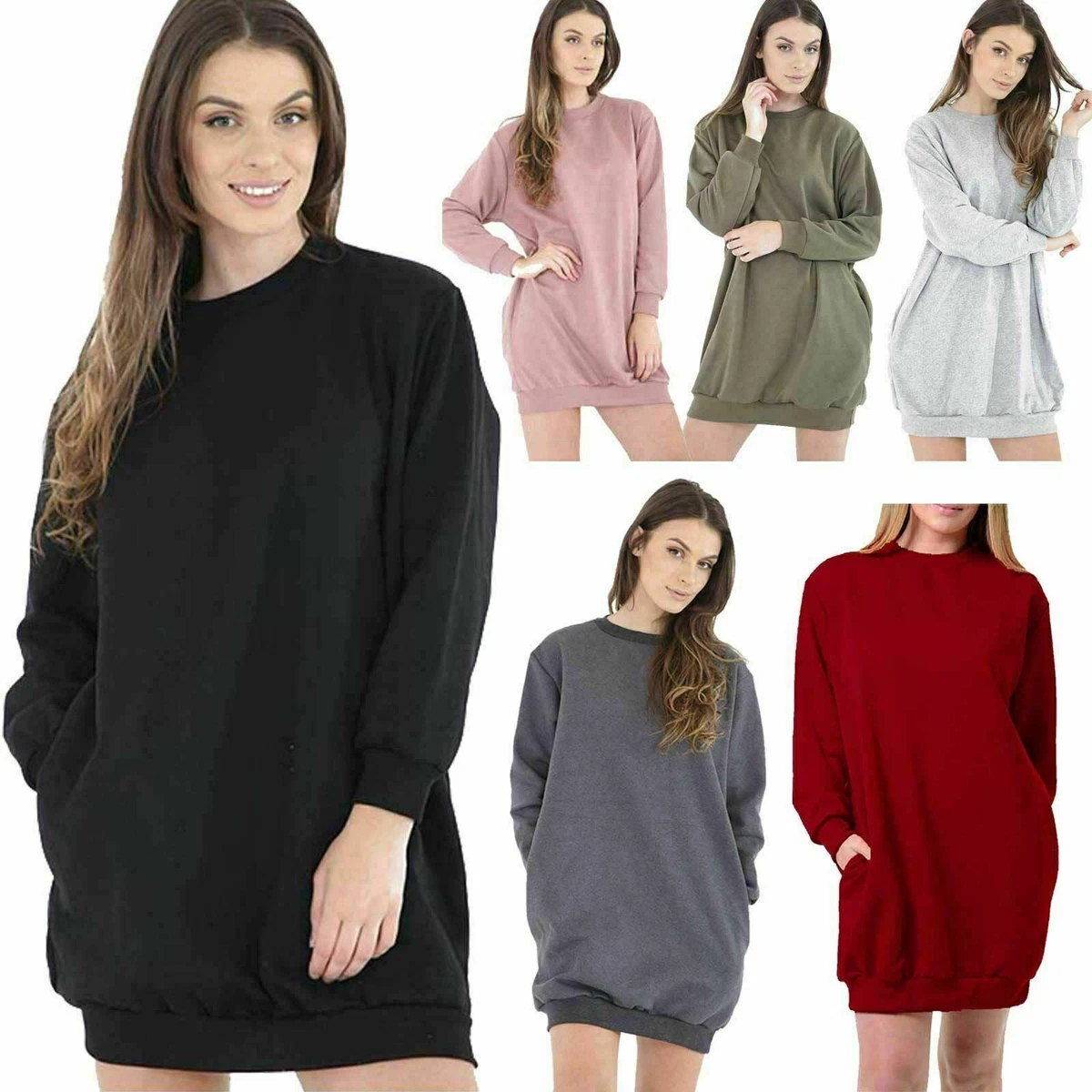 Ladies Oversize Baggy Loose Sweatshirt Womens Side Pockets Long Sleeve Top Dress