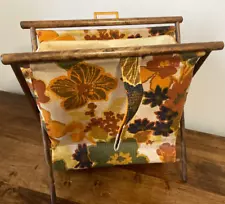 Vintage Knitting/Sewing Caddy Basket Bag Folding Wood Frame Groovy Flower Design
