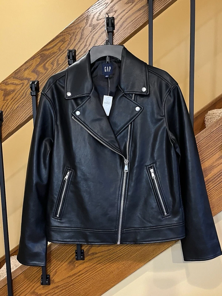 Gap Aviator Moto Jacket/Vegan Leather/Zip Sleeve/snap Lapel Black/SZ. Small. NWT