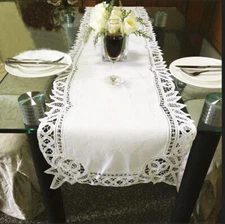 Again@ Elegant Hand Wide Floral Batten Lace Cotton White Table Runner L