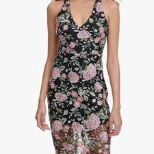 GUESS Women’s Black Floral Embroidered Mesh Sheath Dress | Padded Bust | Size 6