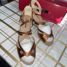 Stephanie Latin Ballroom Dance Dark Tan Satin Rhinestone Shoes US 8,5 Heel 2