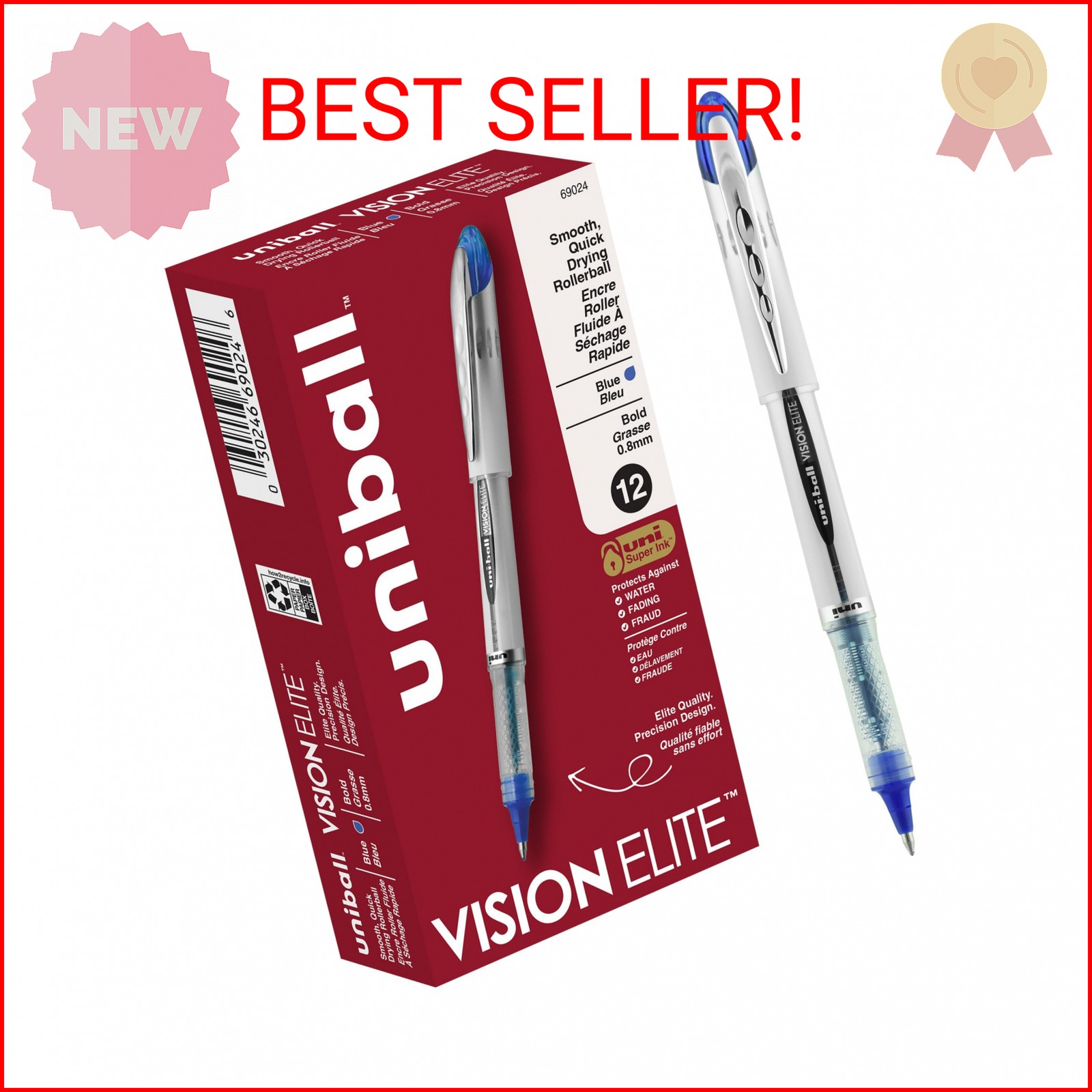 uniball Vision Elite Rollerball Pens, Bold Point (0.8mm), Blue, 12 Pack