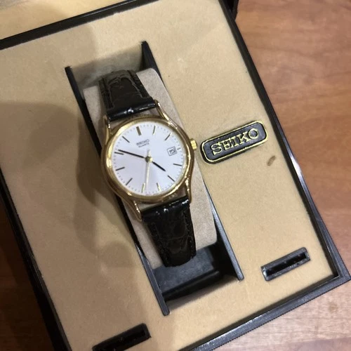 Seiko Women's Quartz Black Calf Leather Band Gold W/ White Face-Vintage 90s New