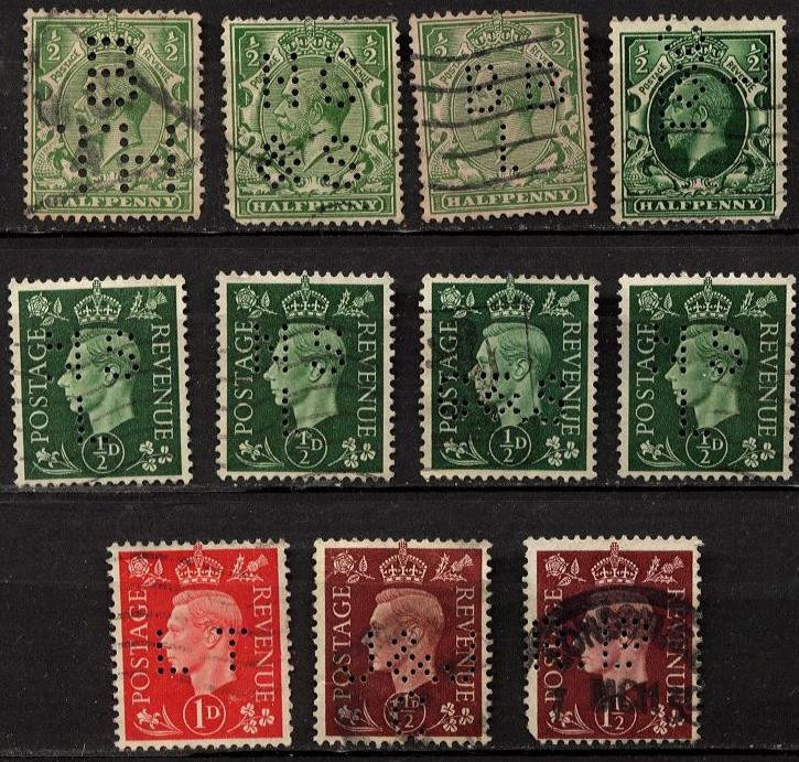 GREAT BRITAIN - 11 Assorted Postage Stamps - Used w/ Perfins
