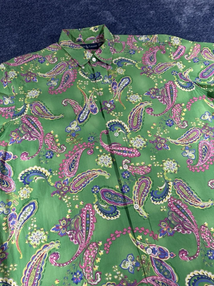 Camisa Polo Ralph Lauren De Colección Para Hombre XL Azul Verde Paisley AOP Manga Corta Foto 4 de 4