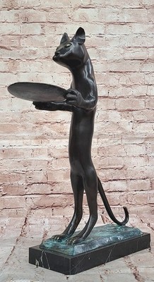 Standing Cat Holding Tray Business Card Holder Bronze Sculpture Statue Original