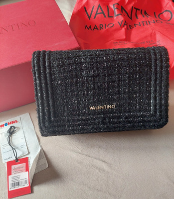 Valentino by Mario Valentino Tweed Umhängetasche Schwarz Gold Kettenriemen