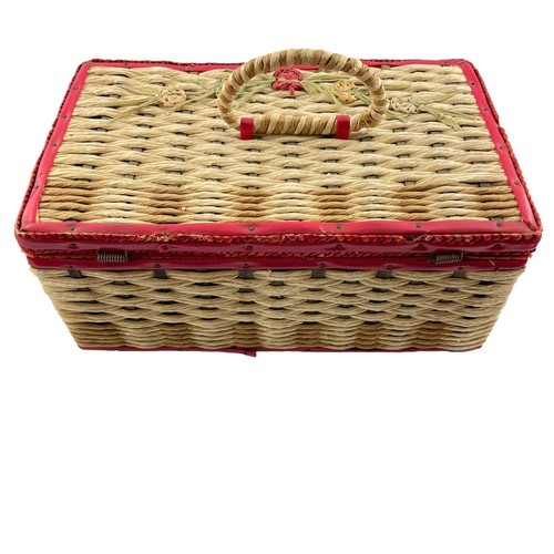 Vintage Woven Sewing Basket w Red Trim Satin Interior Notions Patches Needles - Picture 4 of 6