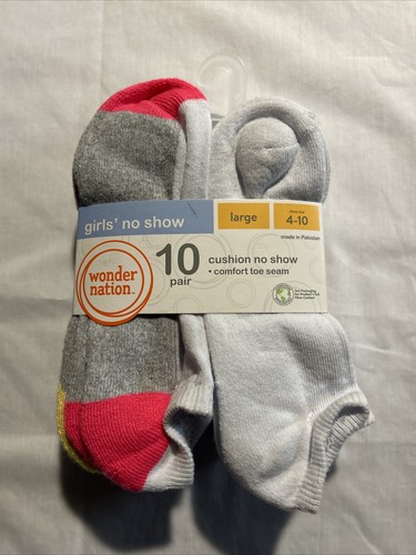 Wonder Nation Girls No Show Socks White, color Bright 10 Pack - Size L 4-10 -NWT - Picture 6 of 12