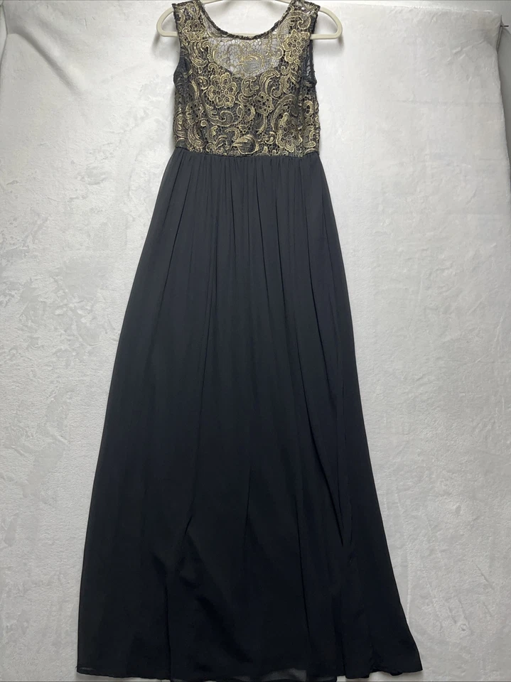 Maxi Vestido Club L Para Mujer Talla 12 Negro Dorado Floral Encaje Top Cambio Formal Foto 2 de 4