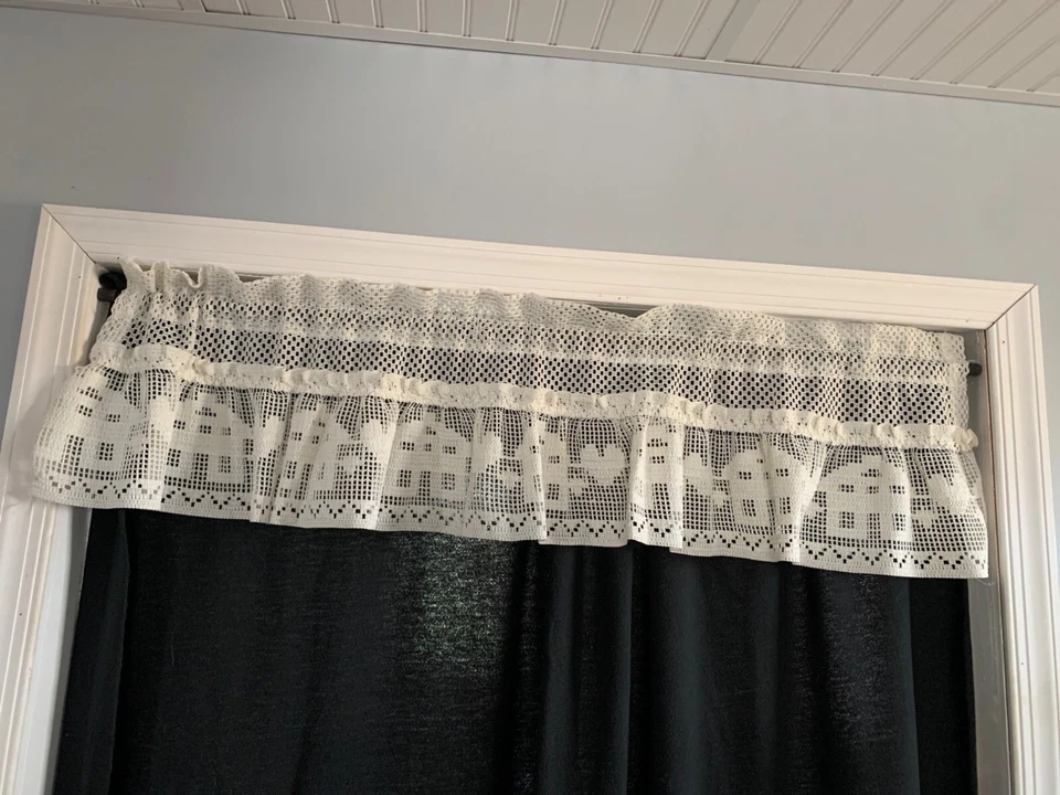 Cortina cenefa ventana encaje ganchillo 1 par 12x46" ancho crema casa diseño corazón Foto 4 de 4