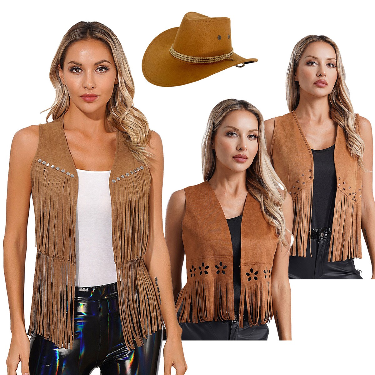 Damen Fransen Weste 70er Jahre Hippie Wildleder Nieten Cardigan