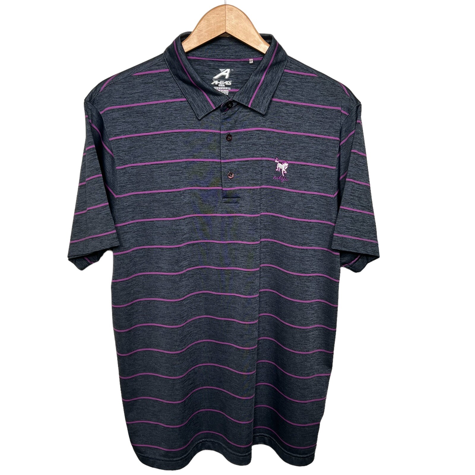 Gray and pink striped polyester polo shirt with short sleeves, three-button placket, and small white logo on chest.