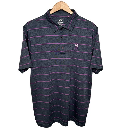 Gray and pink striped polyester polo shirt with short sleeves, three-button placket, and small white logo on chest.